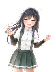 Rule 34 | 1girl, arm warmers, asashio (kancolle), black hair, blush, breasts, buttons, closed eyes, comiching, cowboy shot, facing viewer, flying sweatdrops, highres, kantai collection, long hair, open mouth, pleated skirt, school uniform, shirt, short sleeves, simple background, skirt, small breasts, smile, solo, suspender skirt, suspenders, white background, white shirt