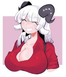 Rule 34 | 1girl, animal ears, baphomet (grizz), blunt bangs, breasts, cleavage, closed eyes, collared shirt, demon girl, goat ears, goat girl, goat horns, grin, helltaker, horns, large breasts, long hair, red shirt, shirt, smile, solo, white hair