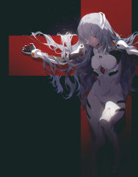 Rule 34 | 1girl, alternate hair length, alternate hairstyle, ayanami rei, bandage over one eye, black background, blue hair, bodysuit, cross, crucifixion, evangelion: 3.0+1.0 thrice upon a time, fajyobore, hair over one eye, long hair, neon genesis evangelion, parted lips, plugsuit, rebuild of evangelion, red eyes, simple background, solo, thigh gap, very long hair, white bodysuit