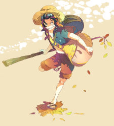 Rule 34 | 1boy, bag, black hair, full body, goggles, hat, leaf, male focus, monkey d. luffy, one piece, one piece: strong world, open clothes, open shirt, running, sandals, scar, shirt, shorts, smile, solo, stick, straw hat