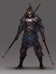 Rule 34 | 1other, ambiguous gender, armor, armored boots, blue cape, boots, breastplate, cape, commentary, dated, dual wielding, english commentary, fantasy, full body, gauntlets, glowing headgear, grey background, helmet, highres, holding, holding staff, leg armor, original, pauldrons, satoru wada, shoulder armor, signature, solo, staff, standing