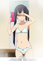 Rule 34 | 1girl, bad id, bad pixiv id, bare shoulders, bathroom, black hair, blush, bra, brown eyes, cellphone, covering face, covering own eyes, flat chest, highres, k-on!, lingerie, long hair, mirror, nakano azusa, navel, panties, phone, reflection, selfie, smile, solo, twintails, underwear, underwear only, watanore, white bra, white panties