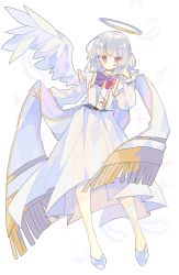 Rule 34 | 1girl, alternate costume, belt, bow, bowtie, commentary request, cross, cross necklace, dress, fake halo, feathered wings, feathers, full body, grey hair, halo, hand up, highres, jewelry, kishin sagume, long sleeves, looking at viewer, monocle, necklace, nikorashi-ka, red bow, red bowtie, red eyes, see-through, see-through sleeves, shawl, shoes, short hair, single wing, solo, sparkle, touhou, touhou lostword, white background, white dress, wings