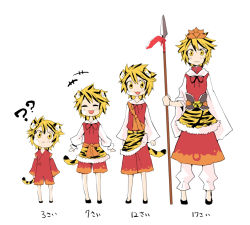 Rule 34 | 1girl, :3, ?, age comparison, animal ears, animal print, bad id, bad pixiv id, blonde hair, detached sleeves, closed eyes, female focus, hair ornament, kemonomimi mode, multicolored hair, myama, no socks, pants, polearm, spear, tail, tiger ears, tiger print, tiger tail, toramaru shou, touhou, translated, two-tone hair, weapon, yellow eyes, aged down