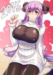 Rule 34 | 10s, 1girl, 2015, blush, breasts, brown eyes, center opening, curvy, female focus, horns, huge breasts, kumakichi (cost-lost), large breasts, long hair, original, pantyhose, pink hair, purple eyes, red eyes, ribbed sweater, sheep girl, sheep horns, sitting, smile, solo, sweater, turtleneck, very long hair, wide hips