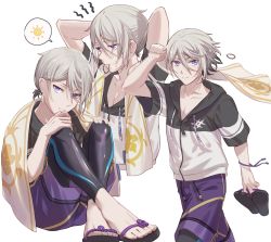 Rule 34 | 3boys, blue eyes, csyday, fate/grand order, fate (series), grey hair, hair between eyes, hair tie, holding, holding shoes, male focus, mouth hold, multiple boys, multiple persona, prince of lan ling (fate), prince of lan ling (festival outfit) (fate), sandals, shoes, short ponytail, shorts, sitting, spoken sun, swimsuit, swimsuit under clothes, tying hair