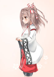 Rule 34 | 1girl, 3:, brown eyes, clothes lift, commentary request, hachimaki, headband, highres, japanese clothes, kantai collection, koda (kodadada), long hair, looking away, ponytail, silver hair, simple background, solo, zuihou (kancolle)