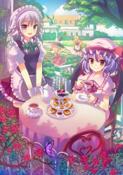 Rule 34 | 4girls, airplane arms, apron, bad id, bad pixiv id, blonde hair, borrowed clothes, bow, braid, bug, butterfly, cake, cup, dappled sunlight, female focus, flandre scarlet, flower, food, hair bow, happy, hat, headwear switch, insect, izayoi sakuya, kirisame marisa, maid, maid apron, maid headdress, mansion, mob cap, multiple girls, hugging object, outstretched arm, outstretched arms, pastry, peach88, purple hair, reaching, red flower, red rose, remilia scarlet, rose, running, scarlet devil mansion, silver hair, sitting, spread arms, sunlight, table, tea, tea set, teacup, teapot, tiered tray, touhou, tray, twin braids, v arms, waist apron, witch hat, wrist cuffs