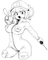 Rule 34 | 1girl, bodysuit, breasts, cropped legs, full-length zipper, greyscale, hat, jumpsuit, kawashiro nitori, large breasts, monochrome, pointing, pointing at viewer, pouch, screwdriver, short hair, short twintails, solo, spacezin, touhou, twintails, two side up, zipper