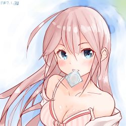 Rule 34 | 1girl, 2017, artist name, bad id, bad pixiv id, blue eyes, blush, breasts, cleavage, clothes pull, collarbone, condom, condom in mouth, dated, hair between eyes, kuroshiro (2357872801), long hair, looking at viewer, medium breasts, mouth hold, original, pink hair, shirt pull, signature, smile, solo, strap slip, teeth, upper body