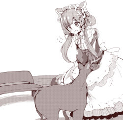 Rule 34 | 1girl, animal, animal ears, bench, blush, commentary request, deer, eli conifer, flying sweatdrops, greyscale, hair ribbon, long hair, long sleeves, low twintails, maid, monochrome, nijisanji, open mouth, puffy long sleeves, puffy sleeves, ribbon, shirt, skirt, solo, takara akihito, twintails, virtual youtuber, white background