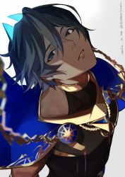 Rule 34 | 1boy, alternate hair length, alternate hairstyle, arjuna (fate), arjuna alter (fate), black eyes, black hair, blue cape, blue horns, cape, chain, commentary request, dark-skinned male, dark skin, dated, expressionless, fate/grand order, fate (series), glowing horns, gold, grey background, hair between eyes, highres, horns, indian clothes, looking at viewer, looking back, male focus, official alternate costume, serisawa, short hair, simple background, sleeveless, solo, twitter username, upper body