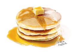 Rule 34 | artist name, butter, food, food focus, mojacookie, no humans, original, pancake, pancake stack, realistic, signature, simple background, still life, syrup, white background