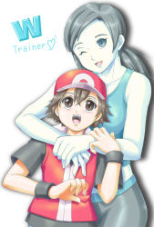 Rule 34 | 1boy, 1girl, baseball cap, black hair, blue eyes, breasts, brown hair, colored skin, creatures (company), game freak, hat, height difference, hetero, hood, hoodie, hug, hug from behind, long hair, looking at viewer, looking up, midriff, name connection, nintendo, one eye closed, pokemon, ponytail, raishi tsuwabuki, red (pokemon), red (pokemon frlg), smile, spandex, super smash bros., tank top, white skin, wii fit, wii fit trainer, wii fit trainer (female), wink, wristband