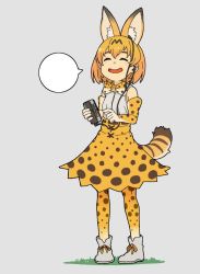 Rule 34 | 1girl, ^ ^, animal ears, bare shoulders, blank speech bubble, blonde hair, blush, boots, bow, bowtie, center frills, closed eyes, earbuds, earphones, elbow gloves, extra ears, frills, full body, gloves, grey background, high-waist skirt, kemono friends, open mouth, print bow, print bowtie, print gloves, print neckwear, print skirt, print thighhighs, serval (kemono friends), serval print, serval tail, shima (landsuzume), shirt, short hair, simple background, skirt, sleeveless, smile, solo, speech bubble, tail, thighhighs, traditional bowtie, white footwear, white shirt
