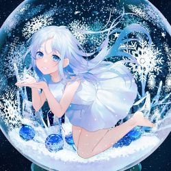 Rule 34 | 1girl, achiki, bad id, bad twitter id, bare arms, bare legs, bare shoulders, barefoot, bauble, blue eyes, christmas ornaments, cupping hands, dress, floating hair, grin, legs up, long hair, looking at viewer, original, own hands together, sidelocks, sleeveless, sleeveless dress, smile, snow, snow globe, snowflakes, solo, teeth, thighs, white dress, white hair