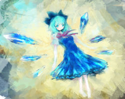Rule 34 | 1girl, akn, bad id, bad pixiv id, barefoot, blue eyes, blue hair, circled 9, cirno, dress, embodiment of scarlet devil, female focus, full body, gradient background, matching hair/eyes, ribbon, solo, touhou, wings