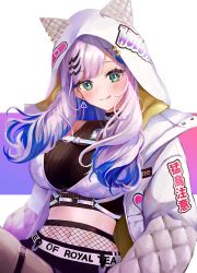Rule 34 | 1girl, :q, absurdres, animal hood, aqua eyes, blue hair, breasts, colored inner hair, crop top, earrings, grey hair, hair ornament, hairclip, highres, hololive, hololive indonesia, hood, hoodie, jacket, jewelry, large breasts, midriff, milchu, multicolored hair, navel, pavolia reine, pavolia reine (streetwear), solo, thigh strap, tongue, tongue out, virtual youtuber