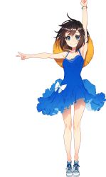 Rule 34 | 1girl, arm up, armpits, bare legs, blue dress, blue eyes, bow, brown hair, dress, frills, full body, hat, highres, looking at viewer, mika pikazo, multicolored hair, shoes, short hair, simple background, smile, sneakers, solo, standing, straw hat, transparent background, v, white background, wristband