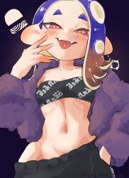 Rule 34 | 1girl, baggy pants, blue hair, blush, collarbone, eyeshadow, facing viewer, fangs, groin, hand in pocket, hand on own hip, highres, jacket, looking at viewer, makeup, navel, nintendo, octoling girl, octoling player character, official alternate costume, open mouth, pants, piercing, pointy ears, red eyes, ribs, shiver (splatoon), slit pupils, smile, solo, splatoon (series), splatoon 3, strapless, tentacle hair, tongue, tongue out, tongue piercing, tube top, ume name take, wide hips