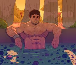 Rule 34 | 1boy, abs, bara, blue eyes, brown hair, chest hair, closed mouth, facial hair, flower, highres, ho tdoug, large pectorals, male focus, mature male, muscular, muscular male, navel, nipples, nude, original, pectorals, pool, scar, scar on face, short, short hair, smile, solo, stubble
