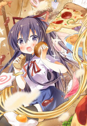 Rule 34 | 1girl, blue skirt, bow, bread bun, collared shirt, date a live, doughnut, dutch angle, eating, fish (food), food, fried egg, hair bow, happy, highres, holding, holding food, ichiyo12, long hair, looking at another, noodles, pizza, pizza slice, ponytail, purple eyes, purple hair, raizen high school uniform, ramen, sashimi, school uniform, shirt, skirt, solo, sword, weapon, white shirt, yatogami tooka