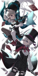 Rule 34 | 1boy, 1girl, absurdres, aqua bow, black dress, black headwear, boots, bow, breasts, brother and sister, card, cleavage, closed mouth, commentary request, dress, facial tattoo, frills, genshin impact, grey pantyhose, grey thighhighs, hat, highres, holding, holding card, huge bow, juliet sleeves, knee boots, knee up, light brown hair, long sleeves, lynette (genshin impact), lyney (genshin impact), neneko sleep, pantyhose, puffy sleeves, purple eyes, shirt, short dress, siblings, simple background, small breasts, smile, star tattoo, tailcoat, tattoo, teardrop tattoo, thighhighs, top hat, two-tone gloves, white background, white shirt, zettai ryouiki