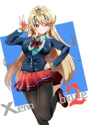 Rule 34 | 1girl, absurdres, alternate costume, aqua shirt, arm up, black pantyhose, blonde hair, blue background, breasts, collared shirt, copyright name, hair ornament, hand gesture, hand on own hip, headpiece, highres, hirosi-yamamoto, large breasts, long hair, looking at viewer, miniskirt, mythra (xenoblade), necktie, nintendo, one eye closed, pantyhose, school uniform, shirt, simple background, skirt, smile, solo, split mouth, standing, standing on one leg, swept bangs, tiara, v-shaped eyebrows, very long hair, white background, xenoblade chronicles (series), xenoblade chronicles 2, yellow eyes