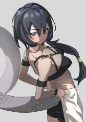 Rule 34 | 1girl, absurdres, black eyes, black hair, black mamba (kemono friends), black shorts, breasts, collar, collarbone, commentary, grey background, hair between eyes, hands on own hips, highres, kemono friends, long hair, looking at viewer, looking back, medium breasts, o-ring, o-ring top, pink collar, short shorts, shorts, simple background, snake tail, solo, studded collar, tail, tanabe (fueisei)