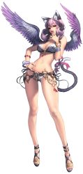 Rule 34 | 1girl, akasha (chaos online), animal ears, bangle, bikini, bracelet, breasts, cat ears, cat tail, chaos online, contrapposto, fingernails, full body, hand on own hip, highres, jewelry, large breasts, long fingernails, long hair, looking at viewer, love cacao, navel, o-ring, o-ring top, official art, parted lips, purple hair, red eyes, sandals, solo, standing, swimsuit, tail, transparent background, wings