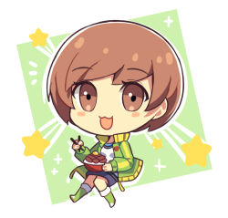 Rule 34 | 1girl, badge, blush stickers, bowl, brown eyes, button badge, chibi, chopsticks, commentary, commission, english commentary, eyelashes, food, full body, green jacket, gyuudon, holding, jacket, kuki tan, looking at viewer, open clothes, open jacket, open mouth, persona, persona 4, satonaka chie, shirt, short hair, sidelocks, solo, swept bangs, track jacket, white shirt