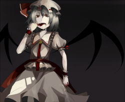 Rule 34 | 1girl, alternate hair color, blood, choker, dress, female focus, grey background, hat, licking, orgia, red eyes, remilia scarlet, silver hair, solo, tongue, touhou, wings, wrist cuffs