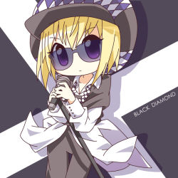 Rule 34 | 1girl, black pants, black vest, blonde hair, chibi, collared shirt, expressionless, hat, hoshina utau, jewelry, long sleeves, looking at viewer, microphone, microphone stand, mirai (sugar), necklace, pants, pearl necklace, purple eyes, shirt, shugo chara!, solo, sunglasses, vest, white shirt