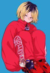Rule 34 | 1boy, black hair, blonde hair, blue background, charm (object), closed mouth, fashion, full body, haikyuu!!, highres, jacket, knees up, kozume kenma, male focus, multicolored hair, nasi w2, pants, red footwear, red jacket, red pants, red track suit, shoes, short hair, simple background, sitting, sneakers, solo, streetwear, two-tone hair, yellow eyes