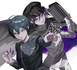 Rule 34 | 2boys, ahoge, artist request, bishounen, black cape, black hair, book, bullet, cape, checkered clothes, checkered scarf, commentary request, danganronpa (series), danganronpa v3: killing harmony, eyelashes, flipped hair, hair between eyes, hat, highres, holding, holding book, jacket, looking at viewer, male focus, multiple boys, oma kokichi, open book, open mouth, pinstripe jacket, pinstripe pattern, pointing, purple eyes, purple hair, ringed eyes, saihara shuichi, scarf, short hair, smile, straitjacket, striped clothes, striped jacket, upper body, white background