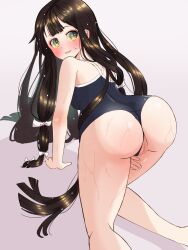 Rule 34 | 1girl, all fours, ass, bingchan999, blush, breasts, brown hair, clothing aside, from behind, green eyes, grimms notes, hair ribbon, hand on own leg, highres, kaguyahime (gekkou) (grimms notes), long hair, looking at viewer, looking back, medium breasts, nervous smile, pussy, ribbon, school swimsuit, shadow, simple background, smile, solo, swimsuit, swimsuit aside, wet, white background, white ribbon