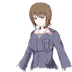 Rule 34 | 10s, 1girl, alternate costume, brown eyes, brown hair, cropped arms, cropped torso, girls und panzer, looking at viewer, matching hair/eyes, mito (mitotank), nishizumi maho, short hair, sketch, smirk, solo, throat microphone, uniform, white background