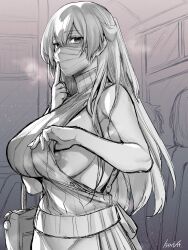 Rule 34 | 1girl, bag, breasts, commentary request, greyscale, heavy breathing, highres, holding, holding bag, index finger raised, indoors, large breasts, long hair, looking at viewer, mask, monochrome, mouth mask, nipples, original, sketch, sleeveless, sleeveless sweater, solo focus, surgical mask, sweater, takatsuki ichi