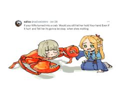 Rule 34 | 2girls, absurdres, animalization, belt pouch, blonde hair, blue capelet, blue robe, bow, braid, capelet, carcinization, closed eyes, crab, dungeon meshi, elf, english text, falin touden, green eyes, hair bow, highres, marcille donato, medium hair, multiple girls, pointy ears, ponytail, pouch, red bow, robe, sandals, sharpenyourfork, short hair, simple background, tearing up, twin braids, twitter, white background, yuri