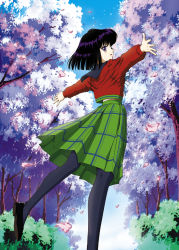 Rule 34 | 1990s (style), 1girl, bishoujo senshi sailor moon, bishoujo senshi sailor moon s, black footwear, black hair, black pantyhose, bob cut, cherry blossoms, child, dancing, day, eye contact, from behind, full body, green skirt, happy, hino ryutaro, looking at another, looking back, mugen gakuen school uniform, outdoors, outstretched arms, pantyhose, petals, plaid, plaid skirt, purple eyes, retro artstyle, school uniform, serafuku, shoes, short hair, skirt, smile, solo, spinning, spread arms, tomoe hotaru, tree