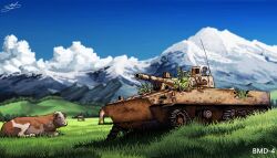Rule 34 | abandoned, blue sky, bmd-4, cloud, cow, grass, hans (pixiv 37537768), highres, landscape, meadow, military vehicle, motor vehicle, mountain, mountainous horizon, no humans, original, scenery, signature, sky, wreckage