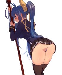 Rule 34 | 1girl, antenna hair, ass, blazblue, blazblue variable heart, blue hair, blush, genderswap, genderswap (mtf), highres, holding, holding weapon, leaning forward, long hair, looking back, mai natsume, nifffi, panties, polearm, ponytail, school uniform, sidelocks, solo, spear, striped clothes, striped panties, tagme, thighhighs, underwear, weapon