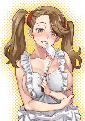 Rule 34 | 10s, 1girl, apron, between breasts, blush, breasts, brown eyes, brown hair, cleavage, flipped hair, frilled apron, frills, grin, gundam, gundam build fighters, gundam build fighters try, hair ornament, halftone, halftone background, head tilt, holding own arm, ladle, large breasts, long hair, looking at viewer, matsuryuu, naked apron, naughty face, nose blush, outline, pinky out, sazaki kaoruko, sideboob, simple background, smile, solo, swept bangs, twintails, upper body