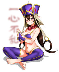 Rule 34 | 1girl, barefoot, bead necklace, beads, bikini, blush, breasts, brown hair, closed mouth, earrings, fate/grand order, fate (series), feet, full body, hat, heart, highres, hoop earrings, indian style, jewelry, large breasts, long hair, looking at viewer, necklace, one eye closed, prayer beads, purple bikini, purple eyes, purple thighhighs, shadow, sidelocks, sitting, smile, solo, swimsuit, thighhighs, toeless legwear, xuangzang sanzang (fate), zaxwu