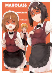 Rule 34 | 10s, apron, bartender, black apron, black neckwear, blonde hair, blue legwear, blunt bangs, bow, bowtie, broom, brown hair, brown vest, character name, closed mouth, clothes tug, cosplay, cutlass (girls und panzer), cutlass (girls und panzer) (cosplay), dress shirt, english text, frilled apron, frills, frown, girls und panzer, handkerchief, highres, holding, holding broom, leaning forward, long sleeves, looking at viewer, maid headdress, mask, miniskirt, mouth mask, nishizumi maho, nishizumi miho, open mouth, orange background, outside border, pleated skirt, print legwear, school uniform, shirt, short hair, shuiro (frog-16), siblings, single horizontal stripe, sisters, skirt, socks, standing, sweatdrop, vest, waist apron, white shirt, white skirt, wing collar, yellow eyes