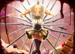 Rule 34 | 10s, 1girl, arms up, blonde hair, breasts, corset, dessert, drill hair, fingerless gloves, food, fork, gloves, gun, large breasts, magical girl, mahou shoujo madoka magica, mahou shoujo madoka magica (anime), rifle, skirt, solo, striped clothes, striped thighhighs, tanukimaso, thighhighs, tomoe mami, twin drills, twintails, vertical-striped clothes, vertical-striped thighhighs, weapon, yellow eyes