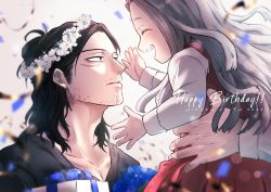 Rule 34 | 1girl, 2022, 2boys, birthday, black eyes, black hair, black shirt, blue bow, blue flower, blue rose, blurry, blurry background, blurry foreground, bokeh, boku no hero academia, bow, box, character name, child, confetti, depth of field, diffraction spikes, dress, english text, eraser head (boku no hero academia), eri (boku no hero academia), facial hair, facing another, film grain, fingernails, floating hair, flower, from side, gift, gift box, half updo, hands up, happy, happy birthday, head wreath, highres, horns, lifting person, long hair, looking at another, mixed-language commentary, multiple boys, open mouth, out of frame, parted lips, pinafore dress, pleated dress, profile, red dress, rose, scar, scar on face, shirt, sideburns, simple background, single horn, sleeveless, sleeveless dress, smile, stubble, suno (sunoichi), teeth, upper body, upper teeth only, white background, white hair, white shirt, yagi toshinori