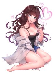 Rule 34 | 1girl, ahoge, bad id, bad pixiv id, bare legs, bare shoulders, barefoot, between legs, blue eyes, blue shorts, breasts, brown hair, camisole, chemistry, cleavage, collarbone, full body, gradient hair, hand between legs, head tilt, heart, holding, ichinose shiki, idolmaster, idolmaster cinderella girls, idolmaster cinderella girls starlight stage, lab coat, lips, looking at viewer, medium breasts, multicolored hair, off shoulder, official art, ozzingo, parted lips, purple hair, shiny skin, shorts, simple background, sitting, solo, test tube, v-shaped eyebrows, white background, yokozuwari
