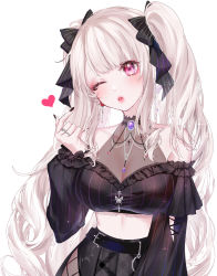 Rule 34 | 1girl, ;o, absurdres, bare shoulders, belt, black nails, black shirt, bow, breasts, brooch, cleavage, collarbone, crop top, finger heart, frilled shirt, frills, hair bow, hand up, heart, highres, jewelry, kity1211 tetsu, large breasts, long hair, looking at viewer, midriff, nail polish, off shoulder, one eye closed, original, parted lips, pink eyes, see-through, shirt, simple background, solo, twintails, upper body, very long hair, white background, white hair