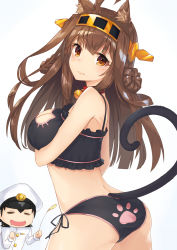 Rule 34 | 10s, 1boy, 1girl, = =, admiral (kancolle), ahoge, animal ears, bell, black panties, breast hold, breasts, brown hair, cat cutout, cat ears, cat lingerie, cat tail, cat teaser, cattail, chibi, cleavage cutout, closed mouth, clothing cutout, collar, cowboy shot, double bun, drooling, hair bun, hair ornament, hairband, hat, highres, jingle bell, kantai collection, kemonomimi mode, kongou (kancolle), large breasts, long hair, long sleeves, looking at viewer, looking back, meme attire, mhong, military, military uniform, mouth drool, naval uniform, neck bell, panties, paw print, peaked cap, plant, side-tie panties, simple background, tail, underwear, underwear only, uniform, white background